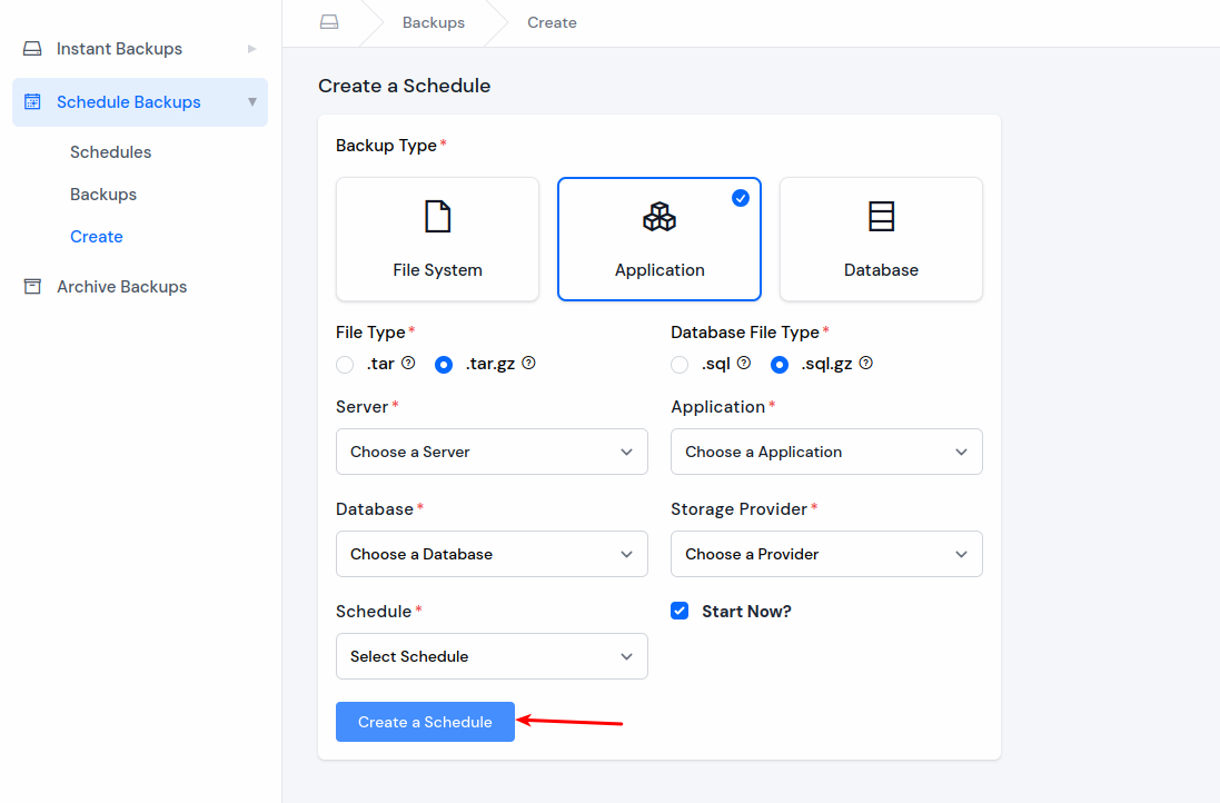 Create Schedule - Backup - ServerAvatar